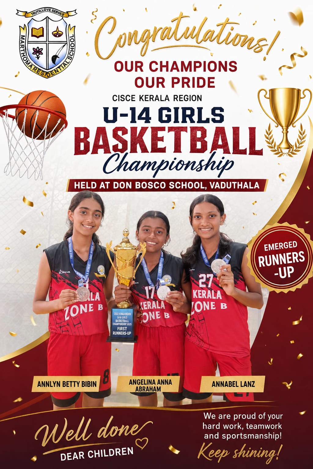 MTRS U-14 Girls Basketball Team Secures Runner-Up Position in CISCE Kerala Region Championship